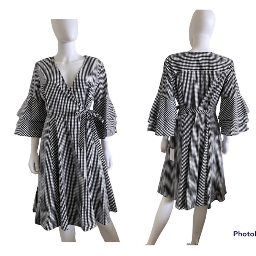 Size 10 Calvin Klein blue and white gingham wrap dress